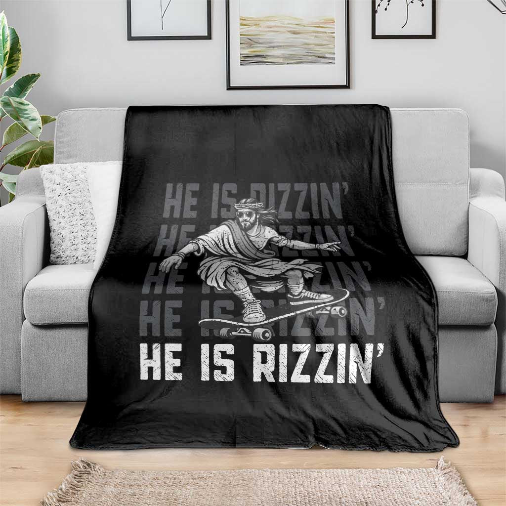 He Is Rizzin Funny Christian Easter Skateboarding Jesus Meme Throw Blanket Faith Humor Trendy Youth Gift