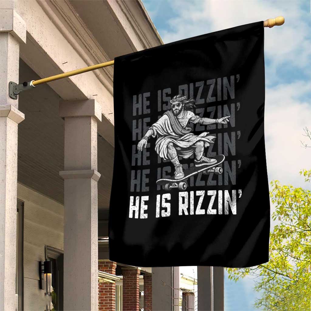 He Is Rizzin Funny Christian Easter Skateboarding Jesus Meme Garden Flag Faith Humor Trendy Youth Gift