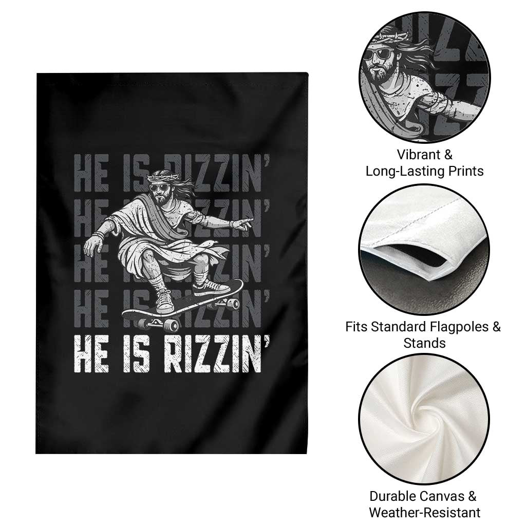 He Is Rizzin Funny Christian Easter Skateboarding Jesus Meme Garden Flag Faith Humor Trendy Youth Gift