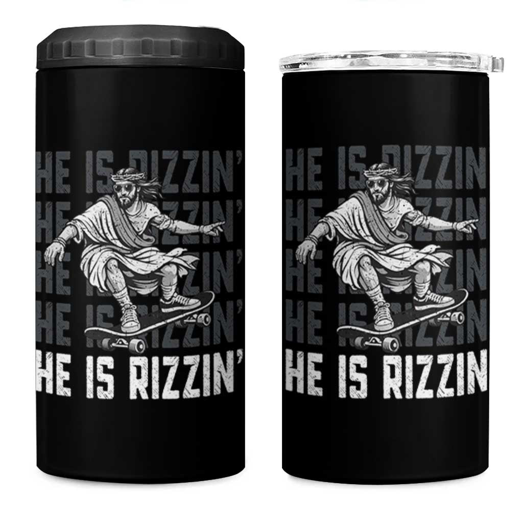 He Is Rizzin Funny Christian Easter Skateboarding Jesus Meme 4 in 1 Can Cooler Tumbler Faith Humor Trendy Youth Gift