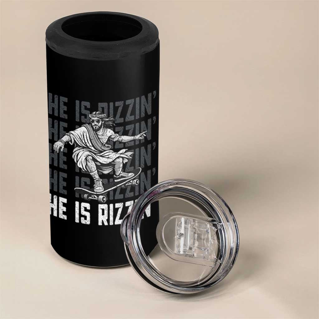 He Is Rizzin Funny Christian Easter Skateboarding Jesus Meme 4 in 1 Can Cooler Tumbler Faith Humor Trendy Youth Gift