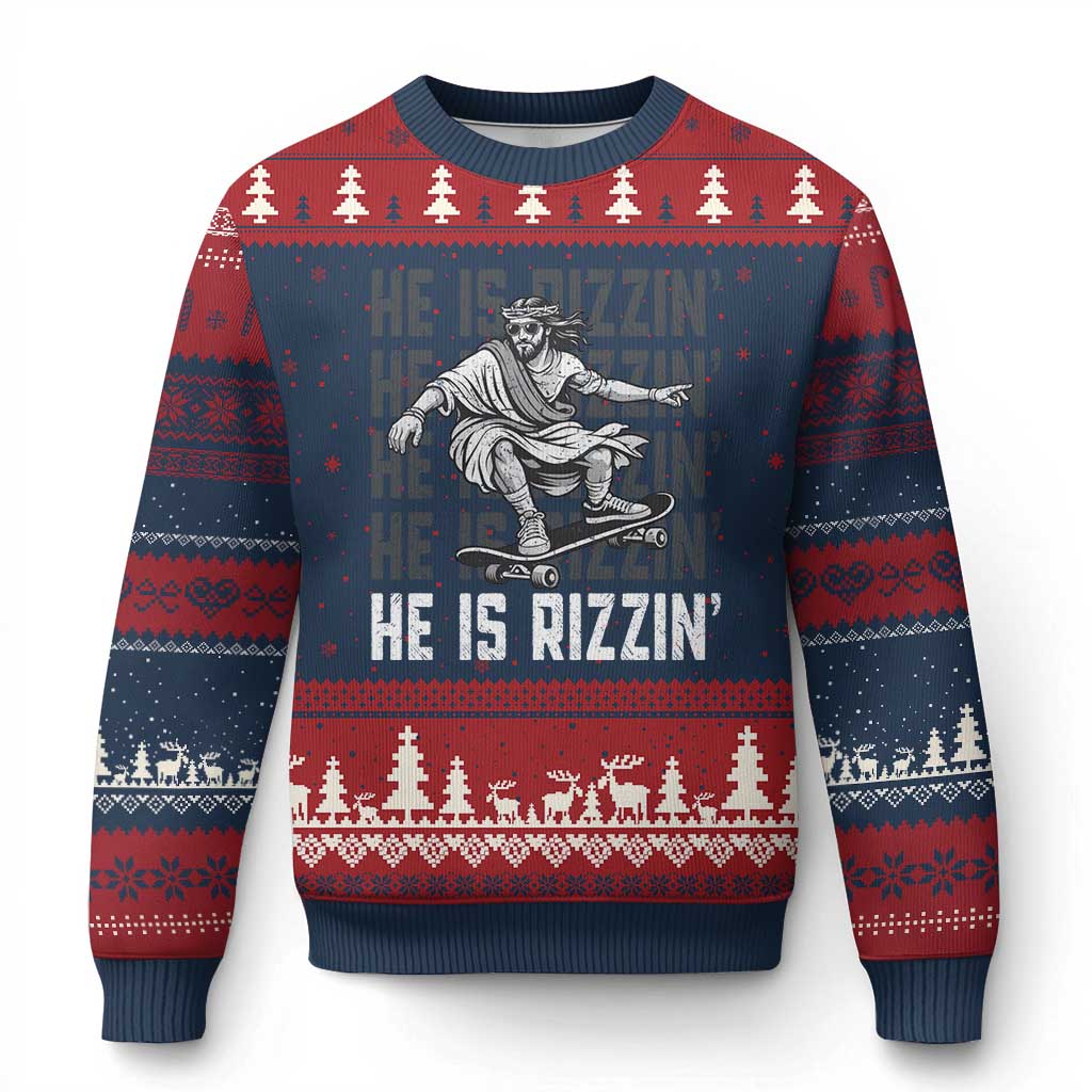 He Is Rizzin Funny Christian Easter Skateboarding Jesus Meme Ugly Christmas Sweater Faith Humor Trendy Youth Gift