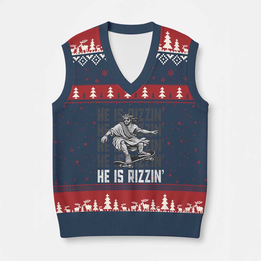 He Is Rizzin Funny Christian Easter Skateboarding Jesus Meme V-Neck Knit Sweater Vest Faith Humor Trendy Youth Gift