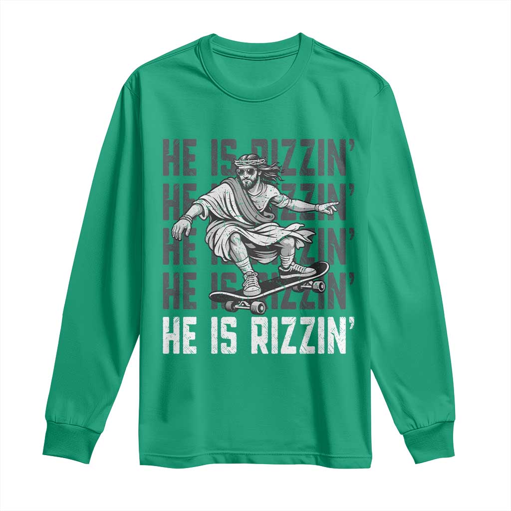 He Is Rizzin Funny Christian Easter Skateboarding Jesus Meme Long Sleeve Shirt Faith Humor Trendy Youth Gift