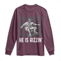 He Is Rizzin Funny Christian Easter Skateboarding Jesus Meme Long Sleeve Shirt Faith Humor Trendy Youth Gift