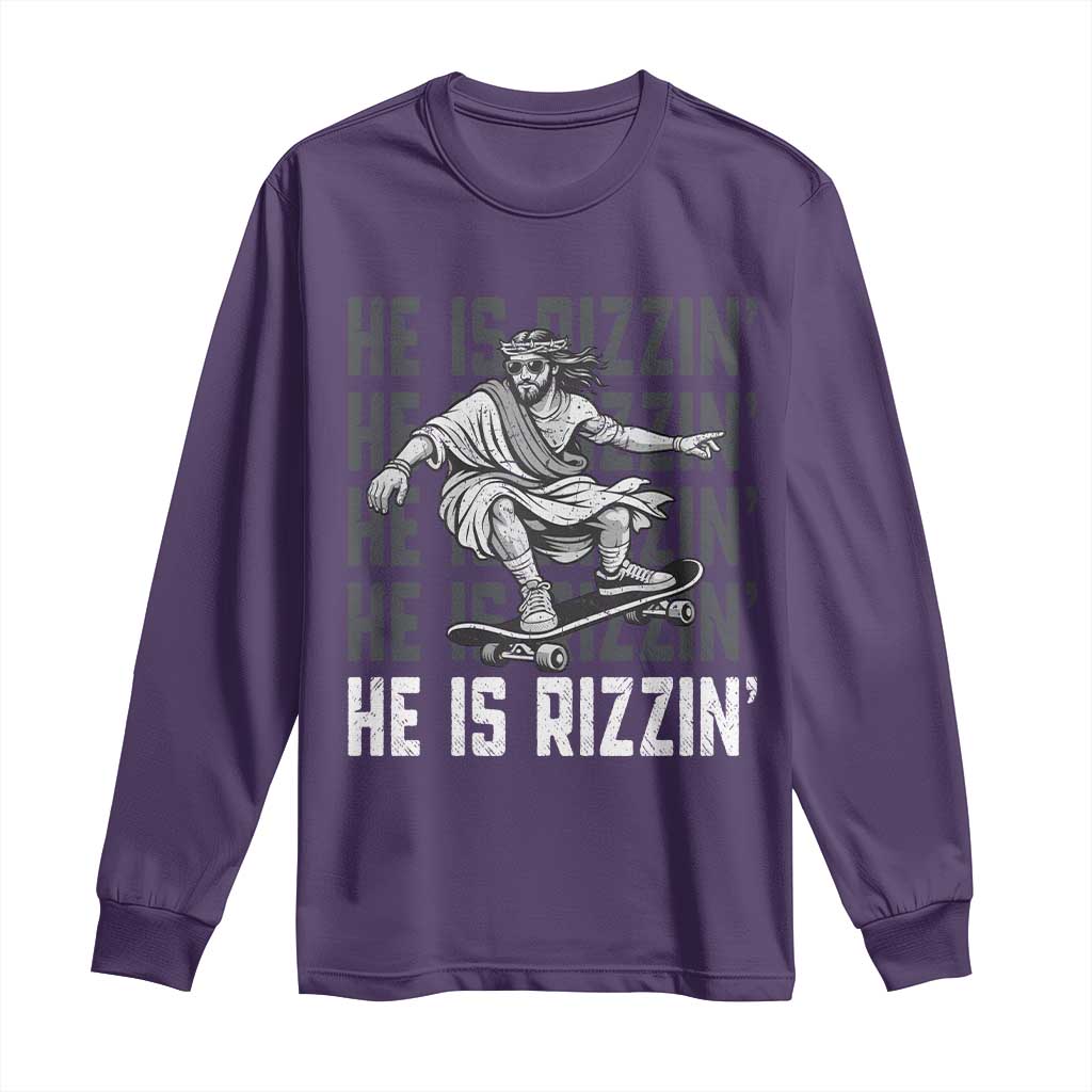 He Is Rizzin Funny Christian Easter Skateboarding Jesus Meme Long Sleeve Shirt Faith Humor Trendy Youth Gift
