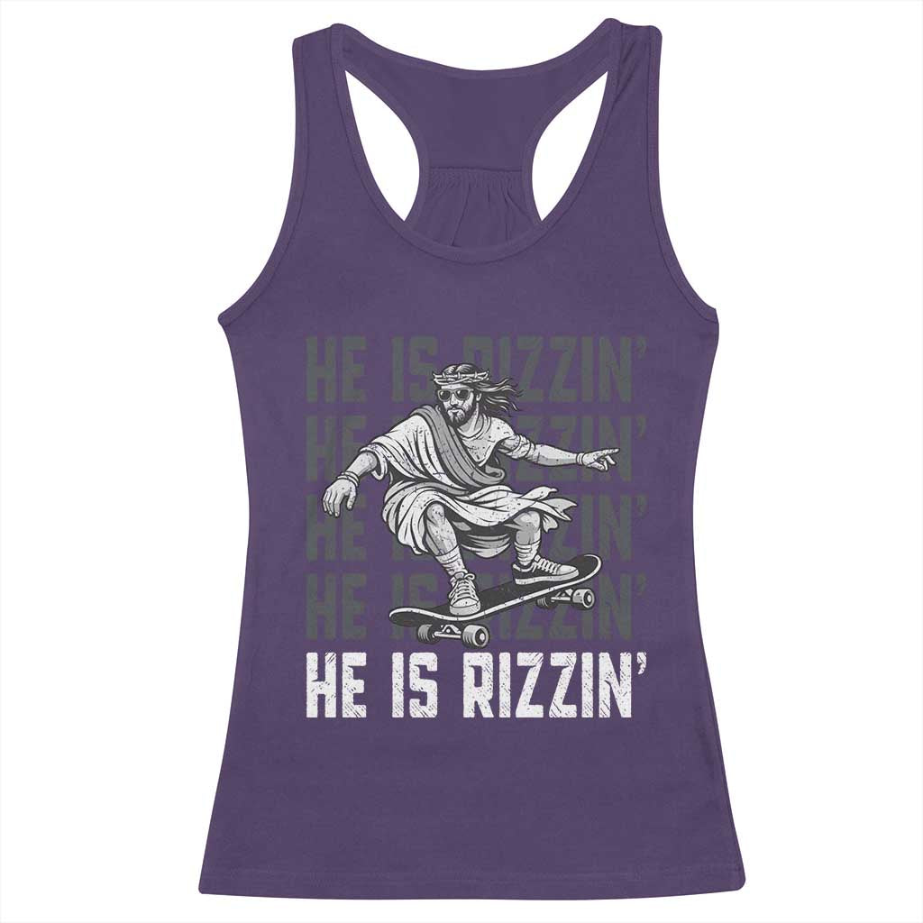 He Is Rizzin Funny Christian Easter Skateboarding Jesus Meme Racerback Tank Top Faith Humor Trendy Youth Gift
