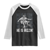 He Is Rizzin Funny Christian Easter Skateboarding Jesus Meme Raglan Shirt Faith Humor Trendy Youth Gift