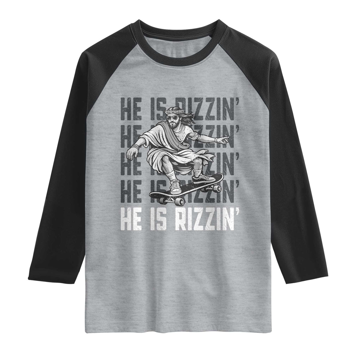 He Is Rizzin Funny Christian Easter Skateboarding Jesus Meme Raglan Shirt Faith Humor Trendy Youth Gift