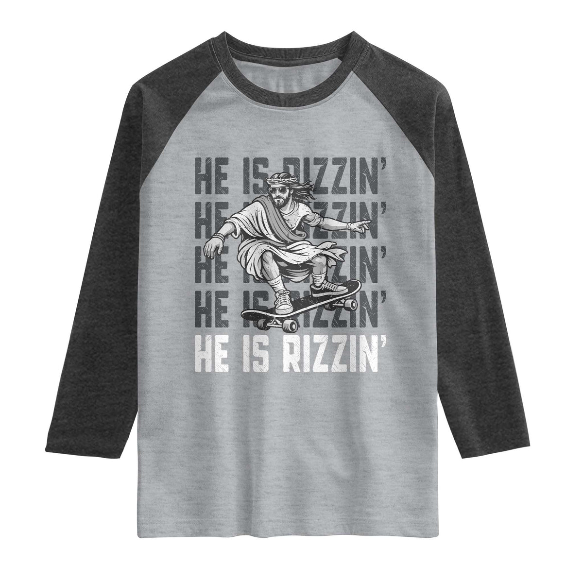 He Is Rizzin Funny Christian Easter Skateboarding Jesus Meme Raglan Shirt Faith Humor Trendy Youth Gift