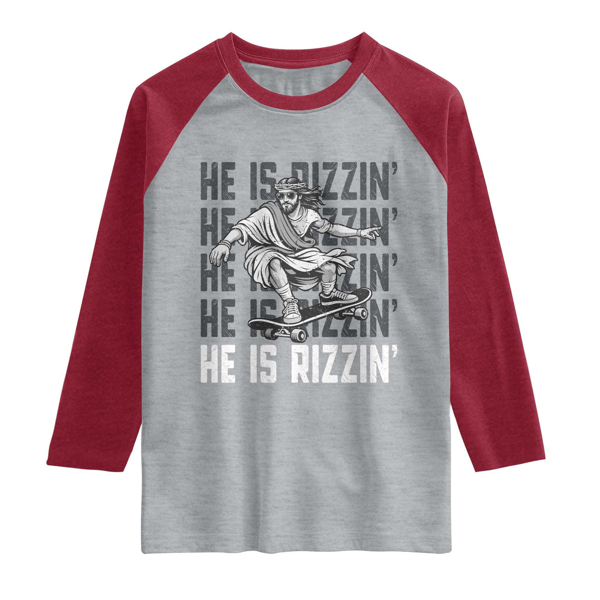 He Is Rizzin Funny Christian Easter Skateboarding Jesus Meme Raglan Shirt Faith Humor Trendy Youth Gift