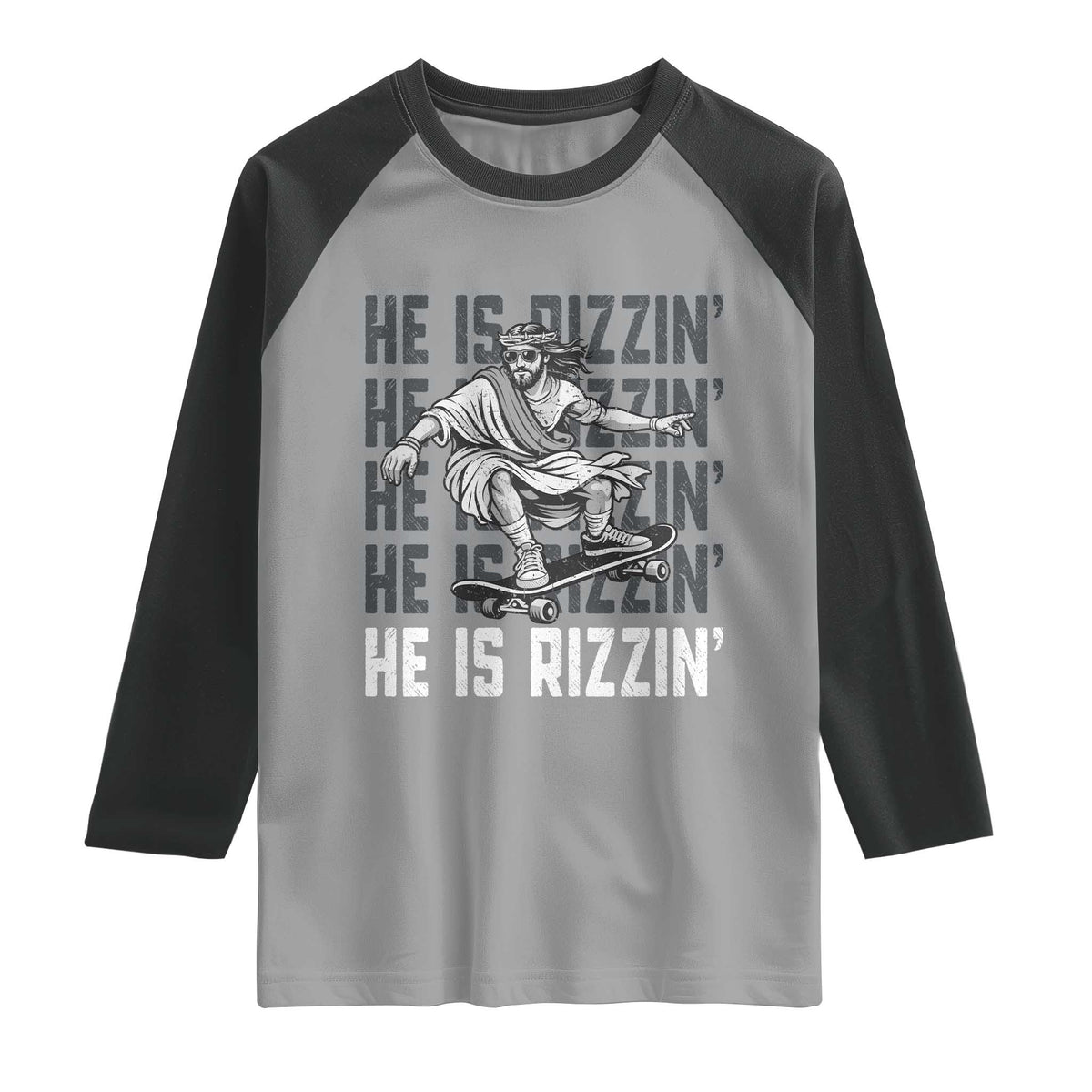 He Is Rizzin Funny Christian Easter Skateboarding Jesus Meme Raglan Shirt Faith Humor Trendy Youth Gift