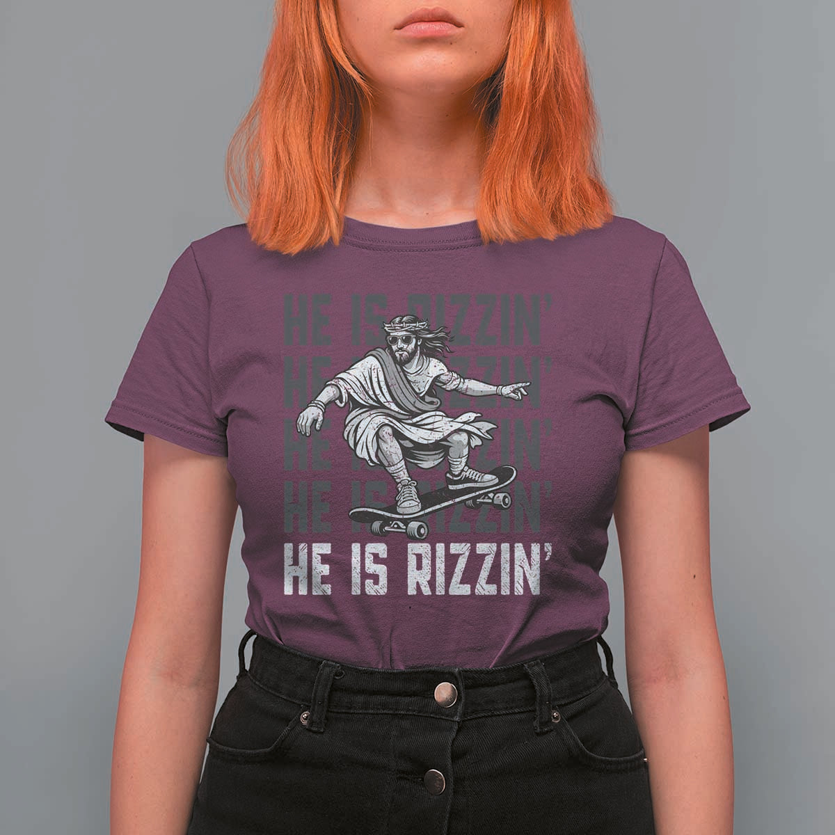 He Is Rizzin Funny Christian Easter Skateboarding Jesus Meme T Shirt For Women Faith Humor Trendy Youth Gift