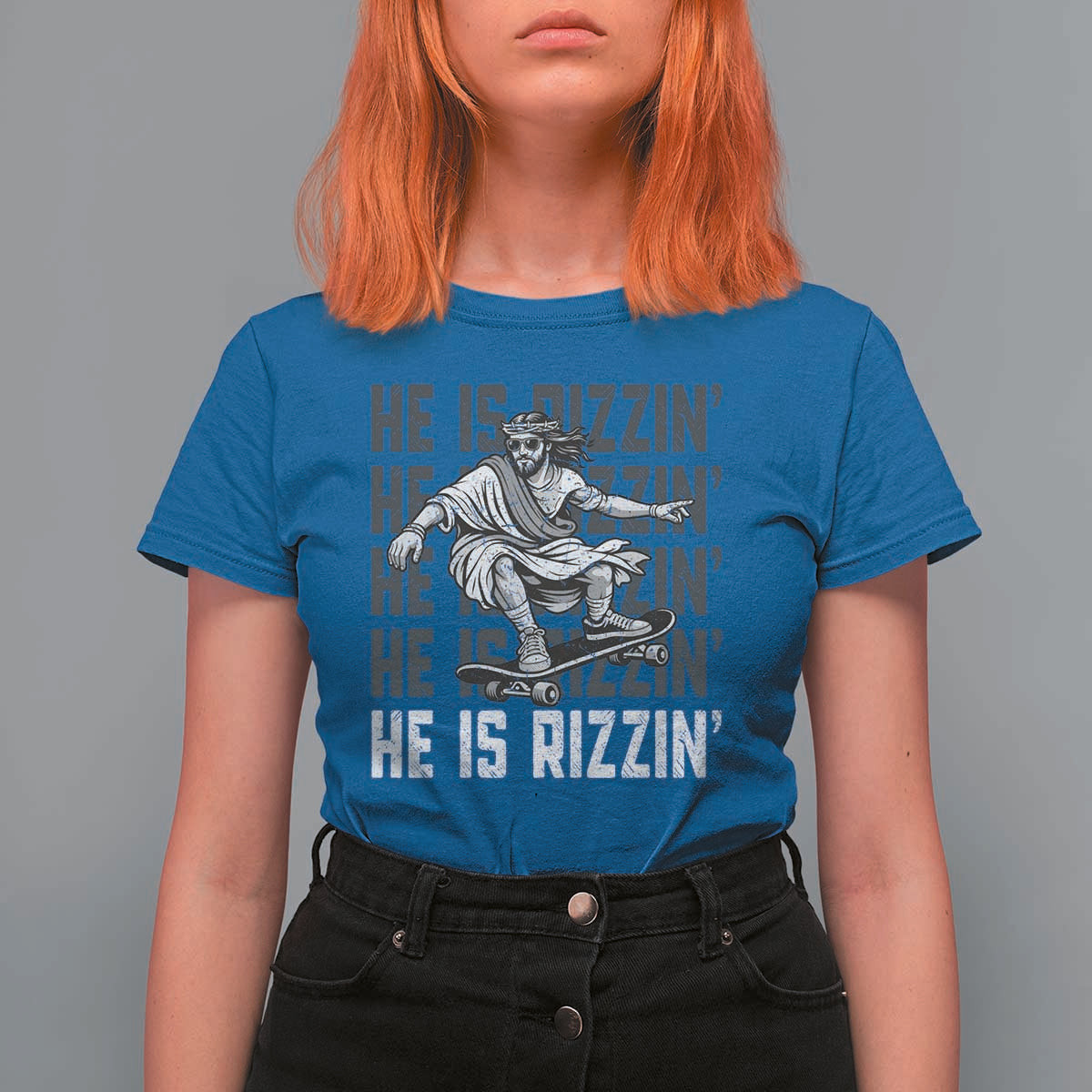 He Is Rizzin Funny Christian Easter Skateboarding Jesus Meme T Shirt For Women Faith Humor Trendy Youth Gift