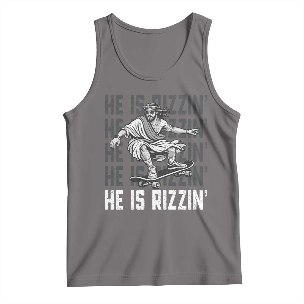He Is Rizzin Funny Christian Easter Skateboarding Jesus Meme Tank Top Faith Humor Trendy Youth Gift