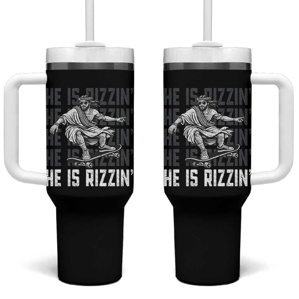He Is Rizzin Funny Christian Easter Skateboarding Jesus Meme Tumbler With Handle Faith Humor Trendy Youth Gift