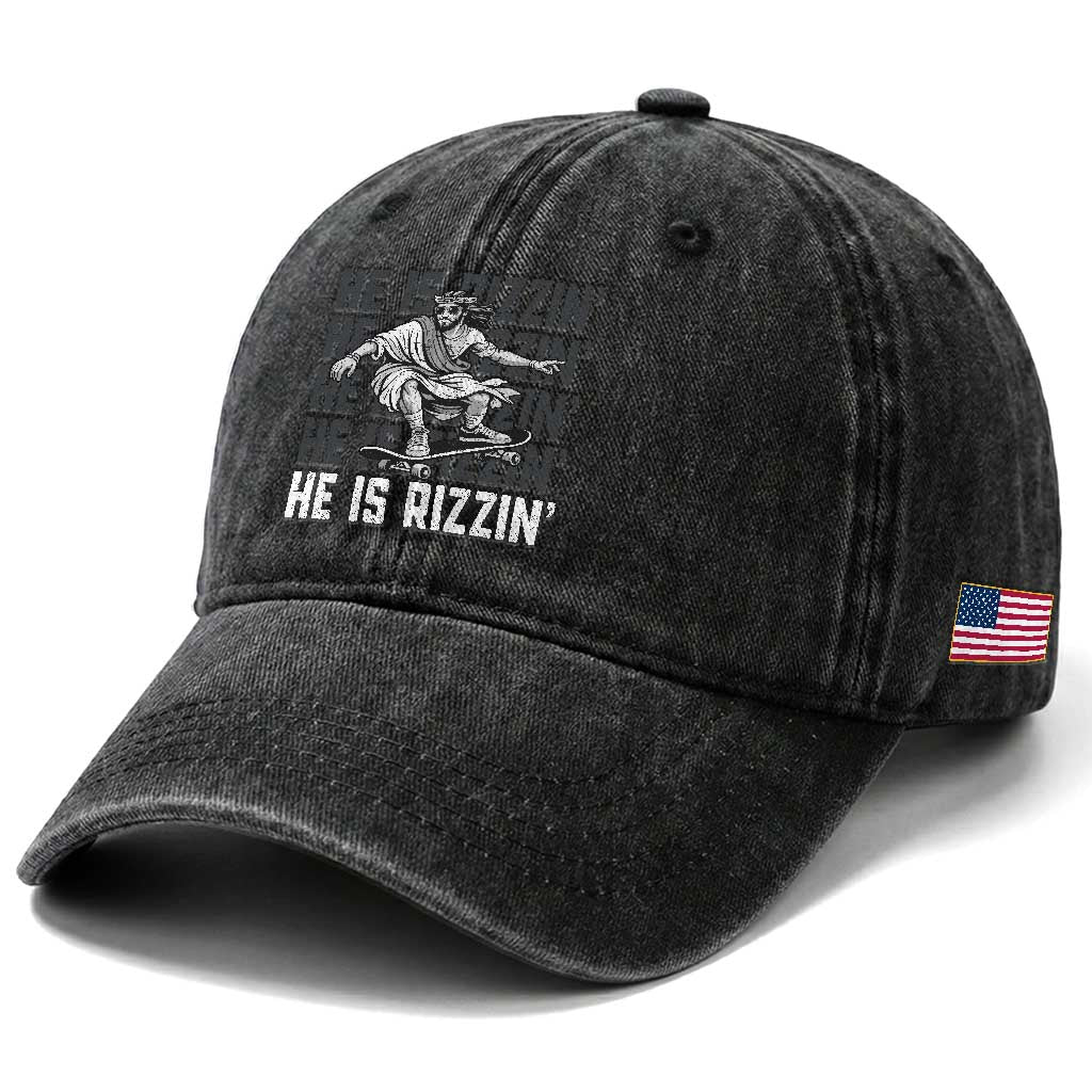 He Is Rizzin Funny Christian Easter Skateboarding Jesus Meme Washed Cotton Baseball Cap Faith Humor Trendy Youth Gift
