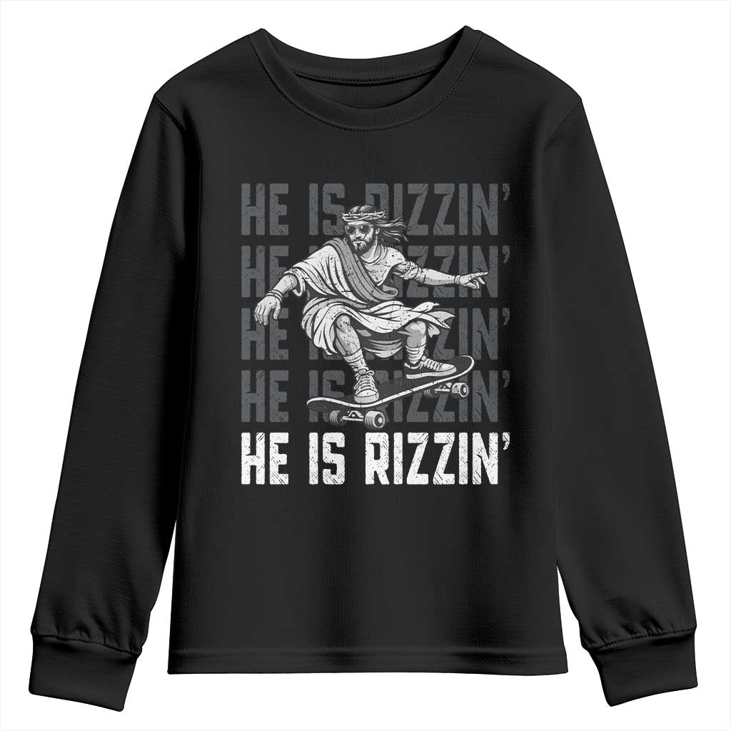 He Is Rizzin Funny Christian Easter Skateboarding Jesus Meme Youth Sweatshirt Faith Humor Trendy Youth Gift