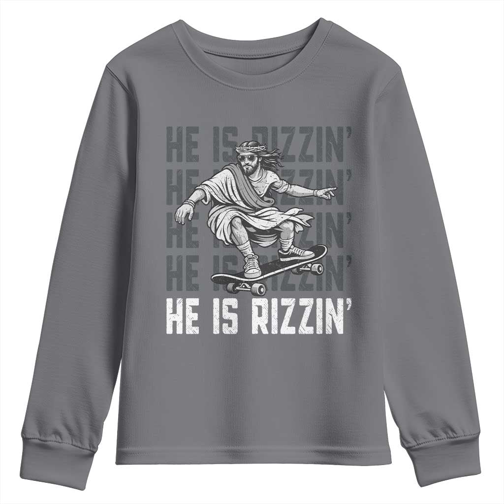 He Is Rizzin Funny Christian Easter Skateboarding Jesus Meme Youth Sweatshirt Faith Humor Trendy Youth Gift