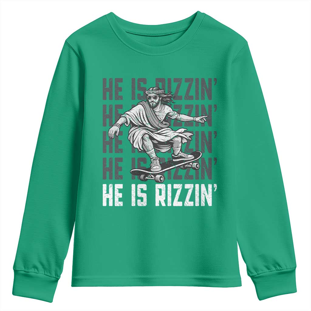 He Is Rizzin Funny Christian Easter Skateboarding Jesus Meme Youth Sweatshirt Faith Humor Trendy Youth Gift