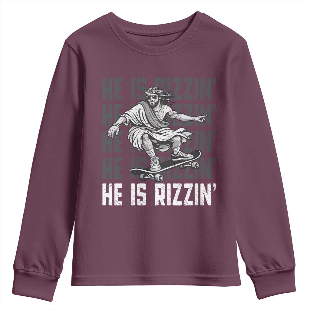 He Is Rizzin Funny Christian Easter Skateboarding Jesus Meme Youth Sweatshirt Faith Humor Trendy Youth Gift