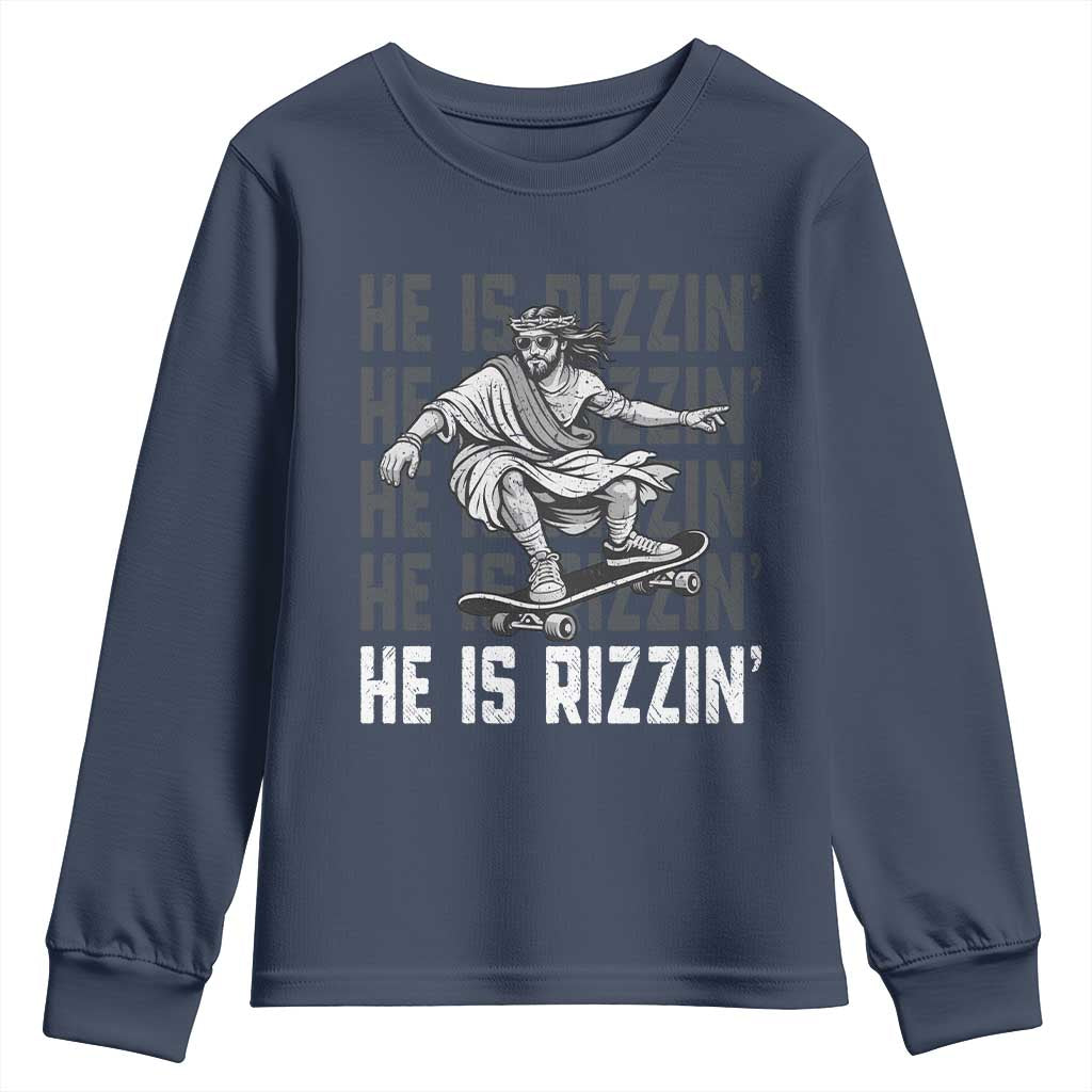He Is Rizzin Funny Christian Easter Skateboarding Jesus Meme Youth Sweatshirt Faith Humor Trendy Youth Gift