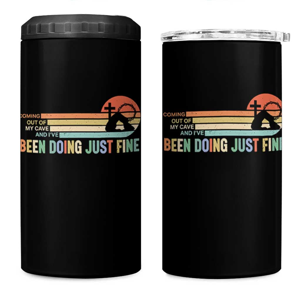 Retro Coming Out Of My Cave Christian Easter Parody 4 in 1 Can Cooler Tumbler I’ve Been Doing Just Fine Resurrection Humor Faith Gift