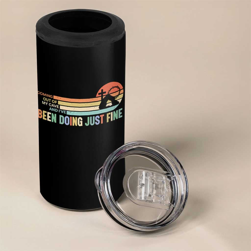 Retro Coming Out Of My Cave Christian Easter Parody 4 in 1 Can Cooler Tumbler I’ve Been Doing Just Fine Resurrection Humor Faith Gift