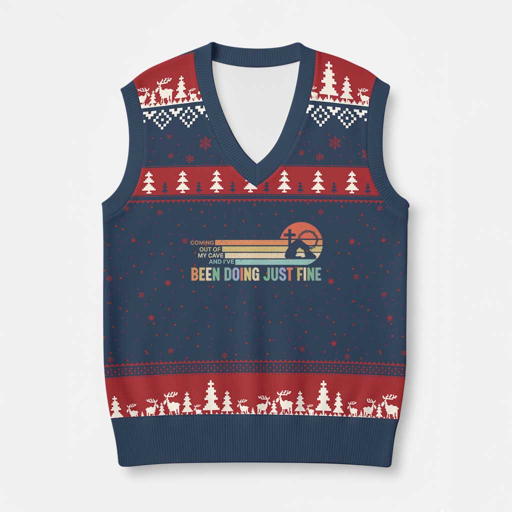 Retro Coming Out Of My Cave Christian Easter Parody V-Neck Knit Sweater Vest I’ve Been Doing Just Fine Resurrection Humor Faith Gift