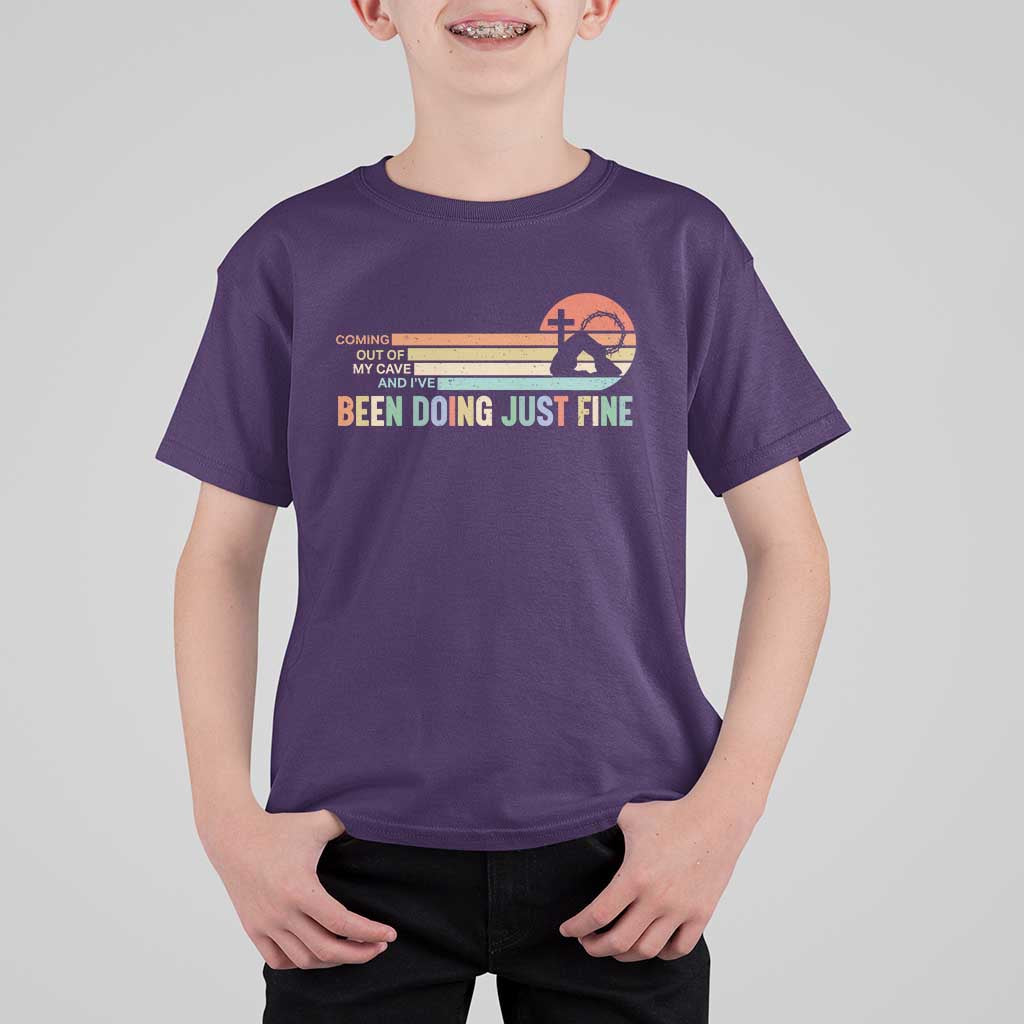 Retro Coming Out Of My Cave Christian Easter Parody T Shirt For Kid I’ve Been Doing Just Fine Resurrection Humor Faith Gift