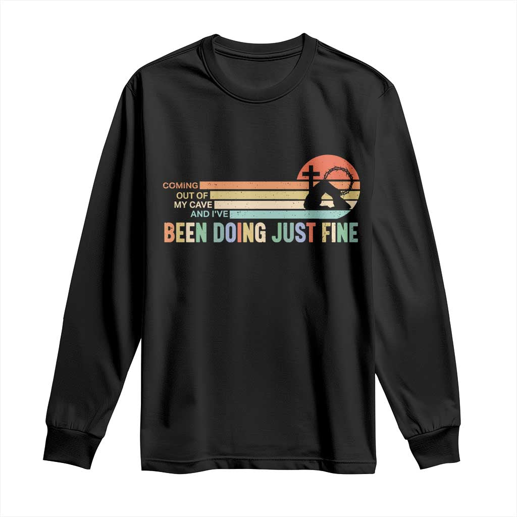 Retro Coming Out Of My Cave Christian Easter Parody Long Sleeve Shirt I’ve Been Doing Just Fine Resurrection Humor Faith Gift