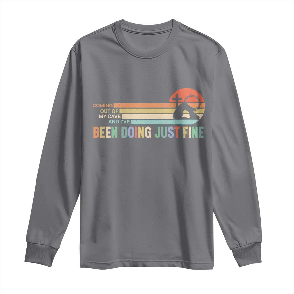 Retro Coming Out Of My Cave Christian Easter Parody Long Sleeve Shirt I’ve Been Doing Just Fine Resurrection Humor Faith Gift
