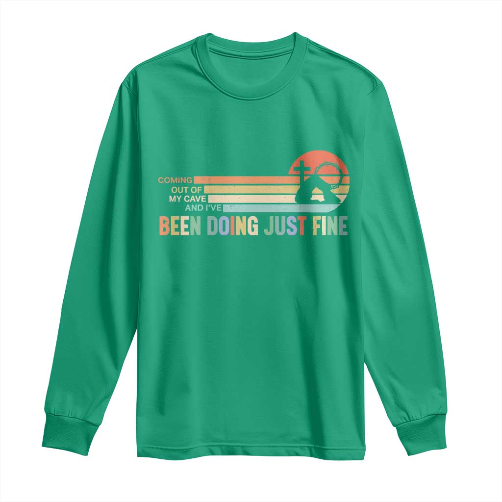 Retro Coming Out Of My Cave Christian Easter Parody Long Sleeve Shirt I’ve Been Doing Just Fine Resurrection Humor Faith Gift
