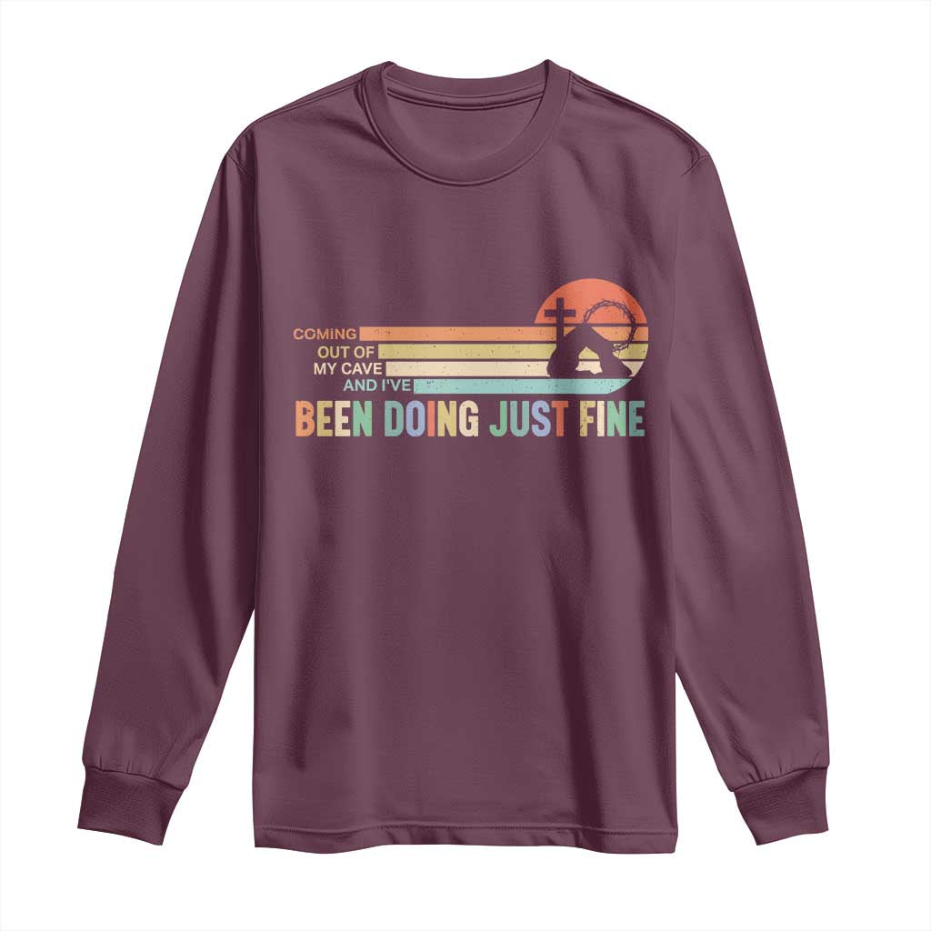Retro Coming Out Of My Cave Christian Easter Parody Long Sleeve Shirt I’ve Been Doing Just Fine Resurrection Humor Faith Gift