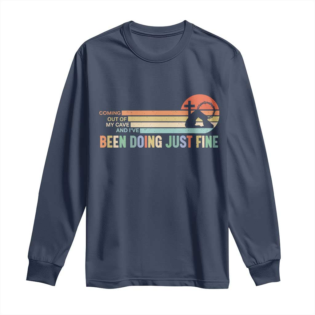 Retro Coming Out Of My Cave Christian Easter Parody Long Sleeve Shirt I’ve Been Doing Just Fine Resurrection Humor Faith Gift