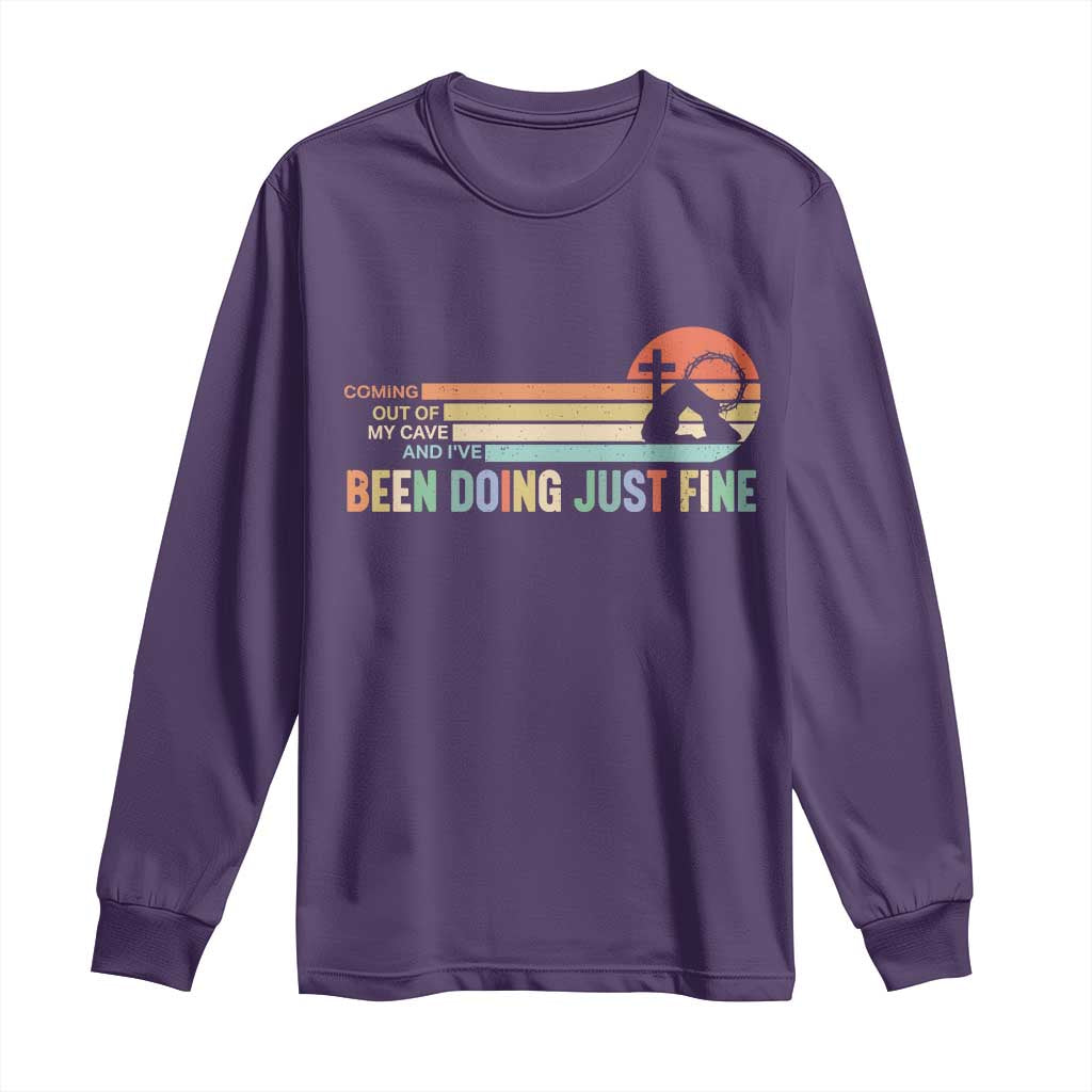 Retro Coming Out Of My Cave Christian Easter Parody Long Sleeve Shirt I’ve Been Doing Just Fine Resurrection Humor Faith Gift