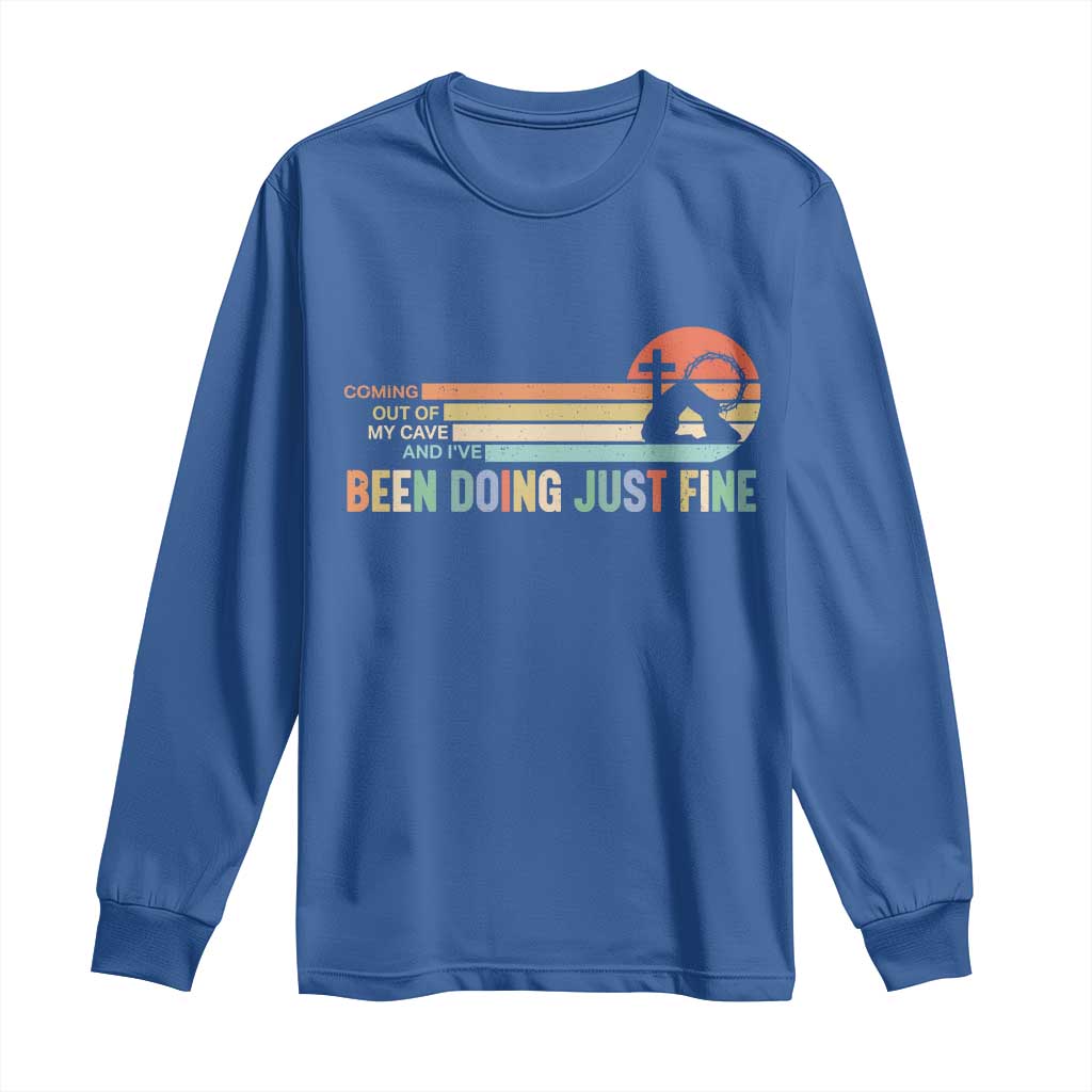 Retro Coming Out Of My Cave Christian Easter Parody Long Sleeve Shirt I’ve Been Doing Just Fine Resurrection Humor Faith Gift