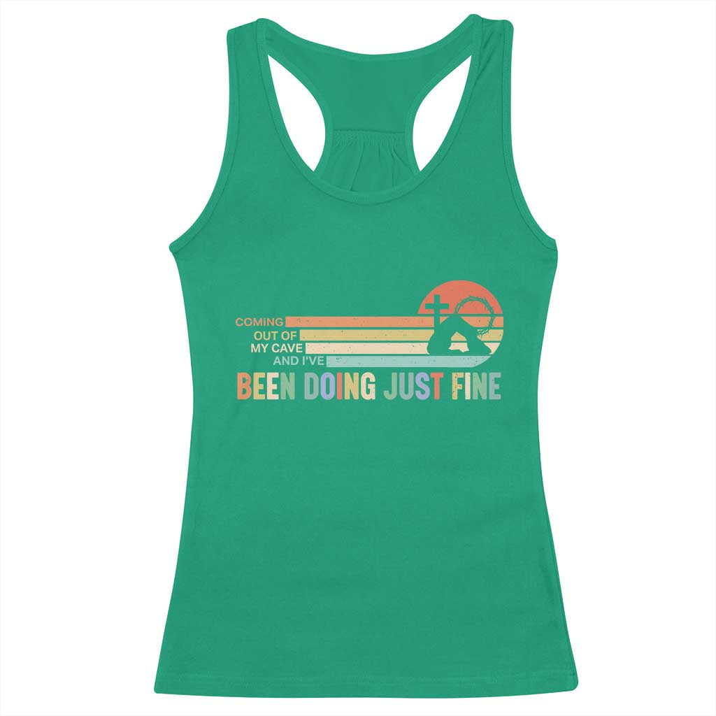 Retro Coming Out Of My Cave Christian Easter Parody Racerback Tank Top I’ve Been Doing Just Fine Resurrection Humor Faith Gift