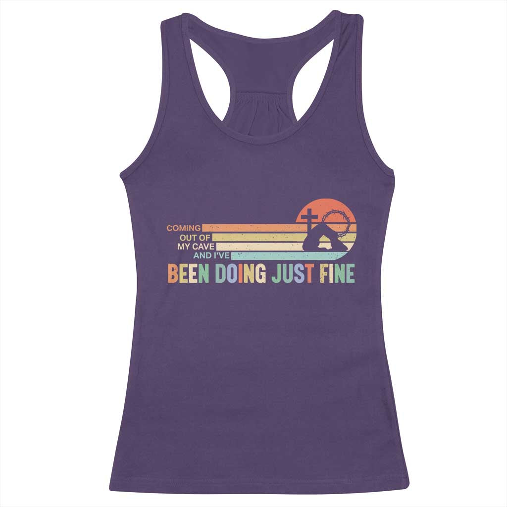 Retro Coming Out Of My Cave Christian Easter Parody Racerback Tank Top I’ve Been Doing Just Fine Resurrection Humor Faith Gift