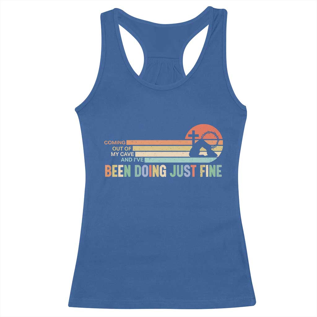 Retro Coming Out Of My Cave Christian Easter Parody Racerback Tank Top I’ve Been Doing Just Fine Resurrection Humor Faith Gift