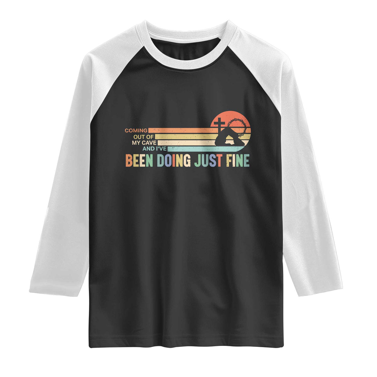 Retro Coming Out Of My Cave Christian Easter Parody Raglan Shirt I’ve Been Doing Just Fine Resurrection Humor Faith Gift