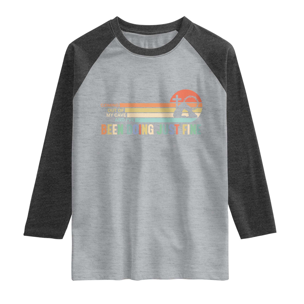 Retro Coming Out Of My Cave Christian Easter Parody Raglan Shirt I’ve Been Doing Just Fine Resurrection Humor Faith Gift