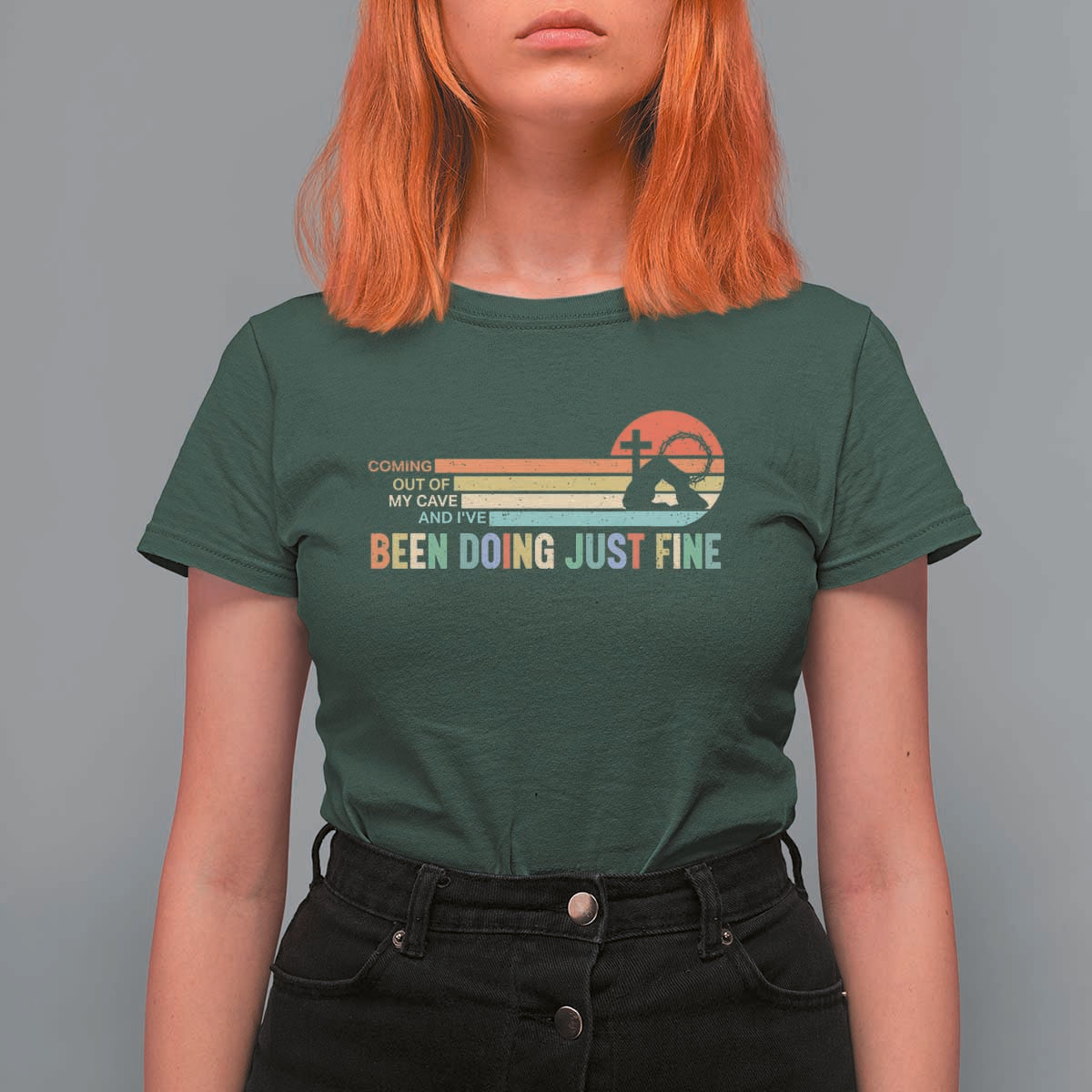 Retro Coming Out Of My Cave Christian Easter Parody T Shirt For Women I’ve Been Doing Just Fine Resurrection Humor Faith Gift