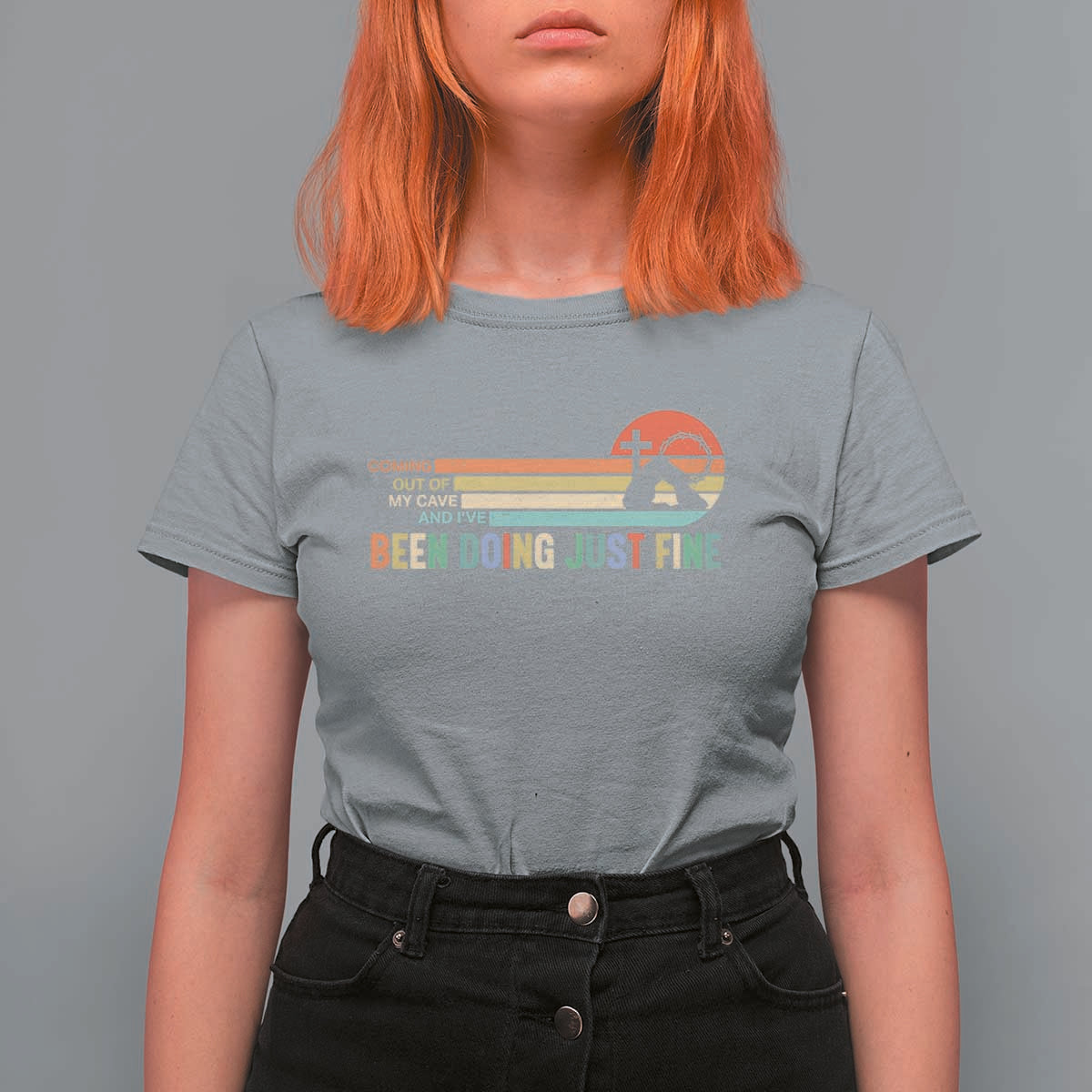 Retro Coming Out Of My Cave Christian Easter Parody T Shirt For Women I’ve Been Doing Just Fine Resurrection Humor Faith Gift