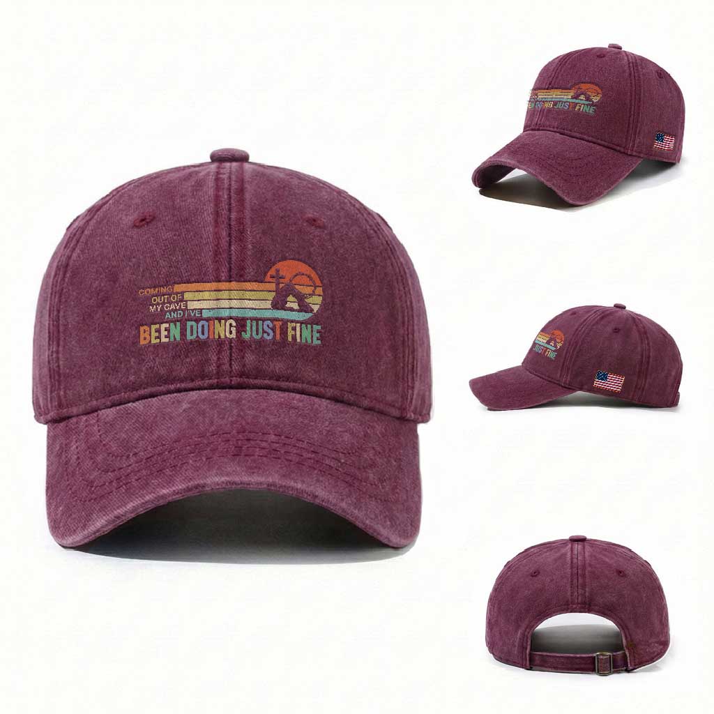 Retro Coming Out Of My Cave Christian Easter Parody Washed Cotton Baseball Cap I’ve Been Doing Just Fine Resurrection Humor Faith Gift