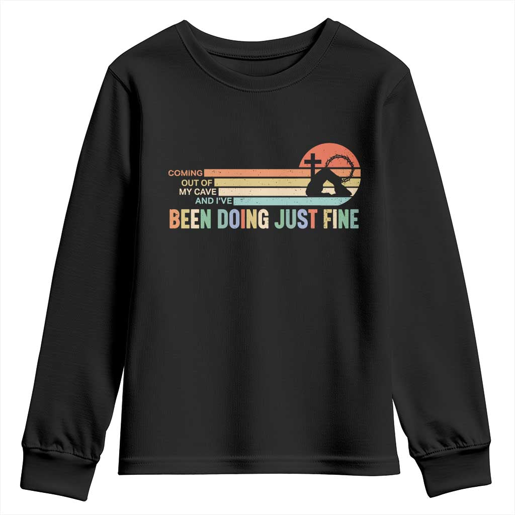 Retro Coming Out Of My Cave Christian Easter Parody Youth Sweatshirt I’ve Been Doing Just Fine Resurrection Humor Faith Gift