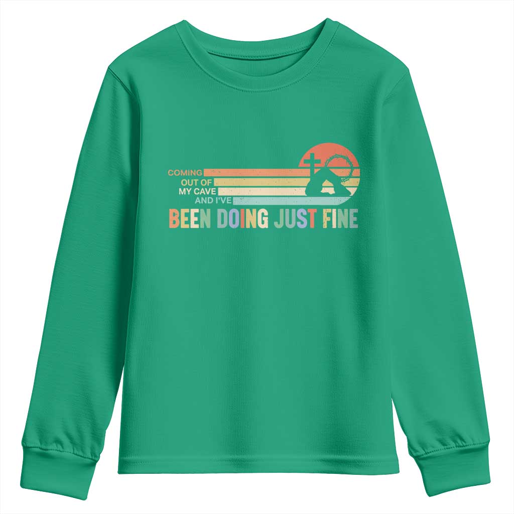 Retro Coming Out Of My Cave Christian Easter Parody Youth Sweatshirt I’ve Been Doing Just Fine Resurrection Humor Faith Gift