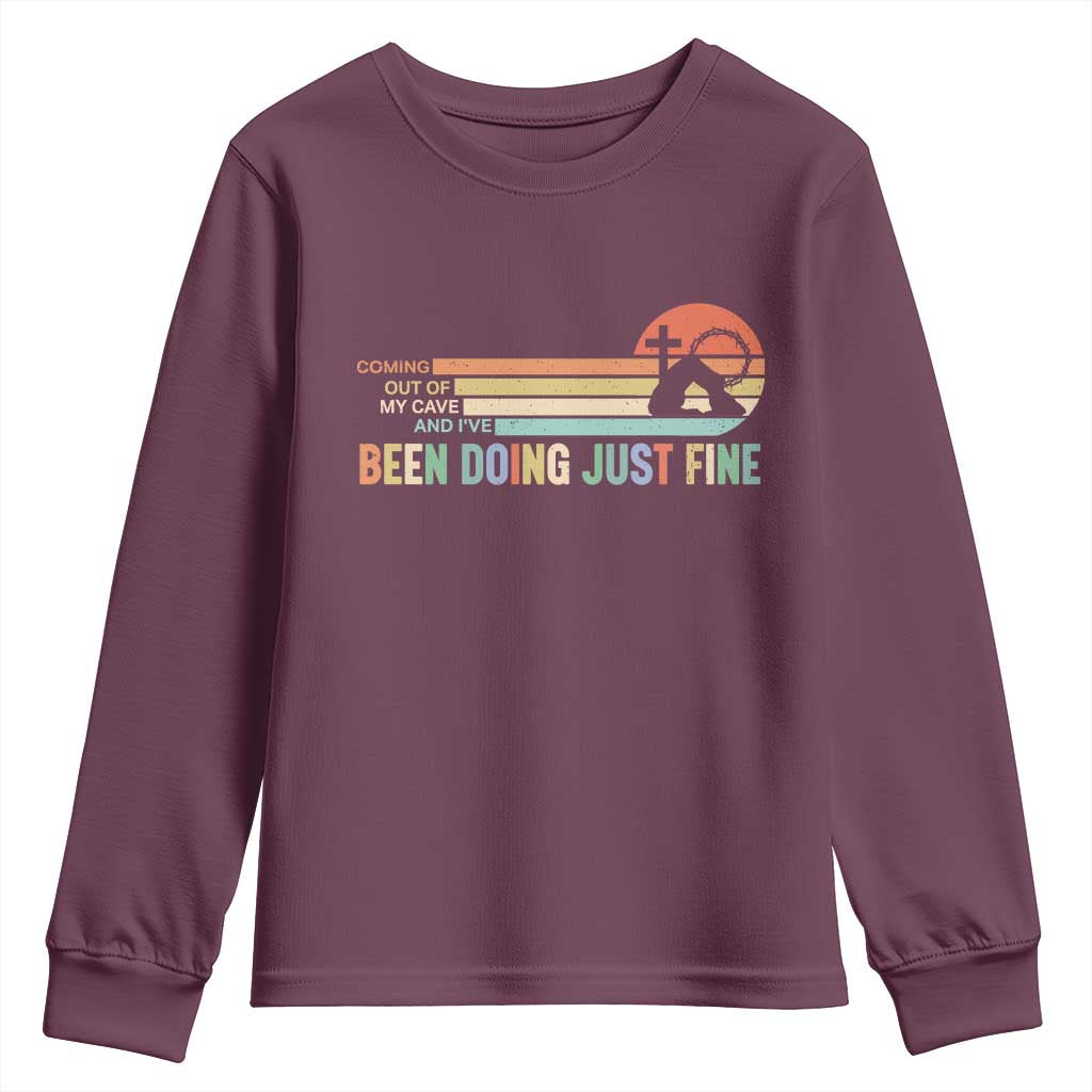 Retro Coming Out Of My Cave Christian Easter Parody Youth Sweatshirt I’ve Been Doing Just Fine Resurrection Humor Faith Gift