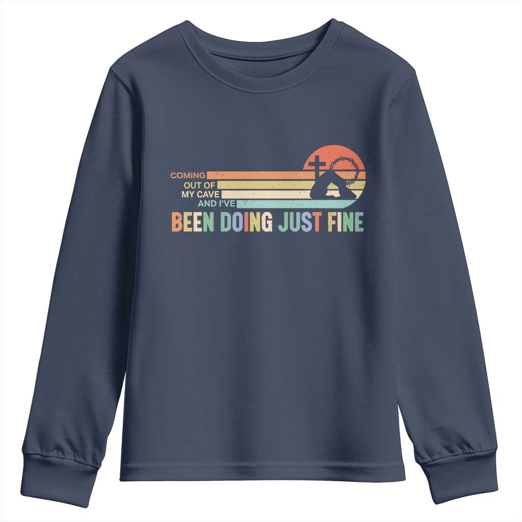 Retro Coming Out Of My Cave Christian Easter Parody Youth Sweatshirt I’ve Been Doing Just Fine Resurrection Humor Faith Gift