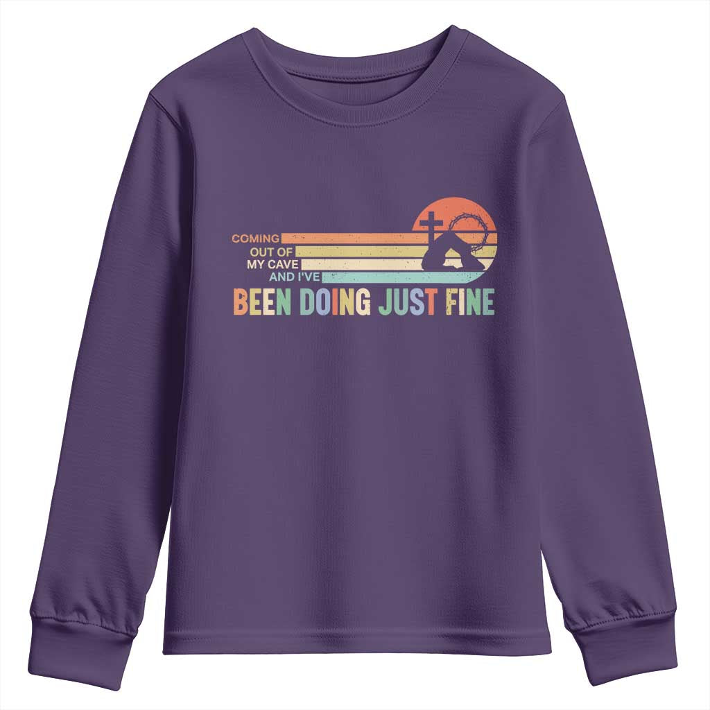 Retro Coming Out Of My Cave Christian Easter Parody Youth Sweatshirt I’ve Been Doing Just Fine Resurrection Humor Faith Gift